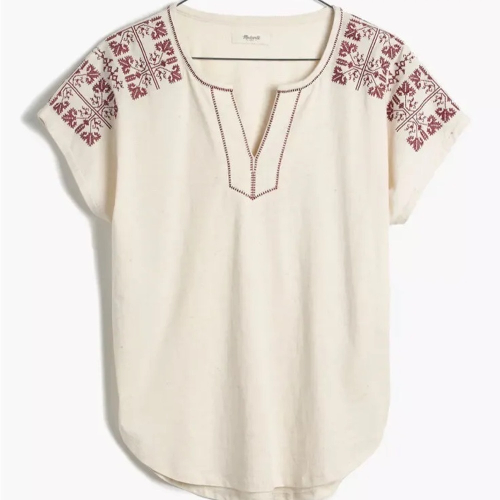 🔴 5‎ for $25! Madewell Embroidered Split-Neck Tee White Red V-Neck Sz Small